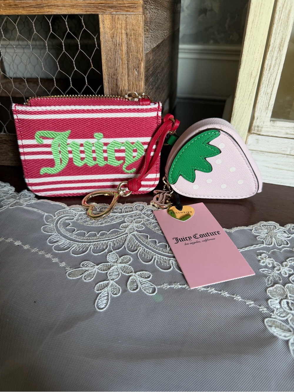 NWT Juicy Couture Red & Light Pink Striped Coin Pouch with Strawberry Charm